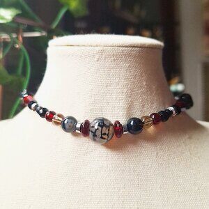 Whimsigoth Spiderweb Agate Choker Necklace, Black Onyx, Jasper, & Ruby Red Glass